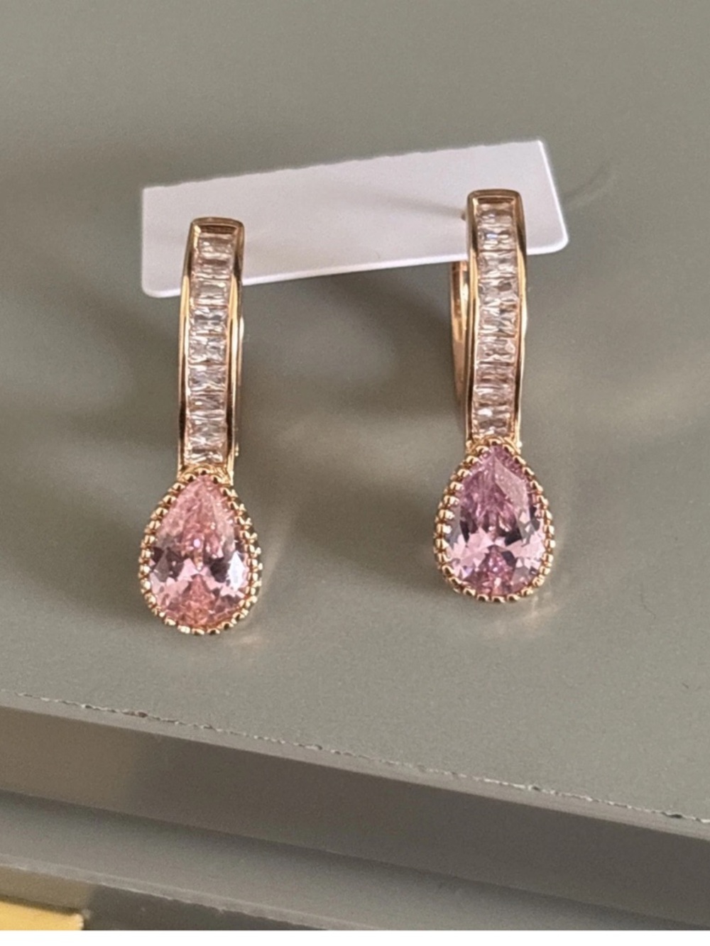 Rose Gold Plated Pink CZ Teardrop Dangle Hoop Earrings Baguette Accent - Picture 3 of 7